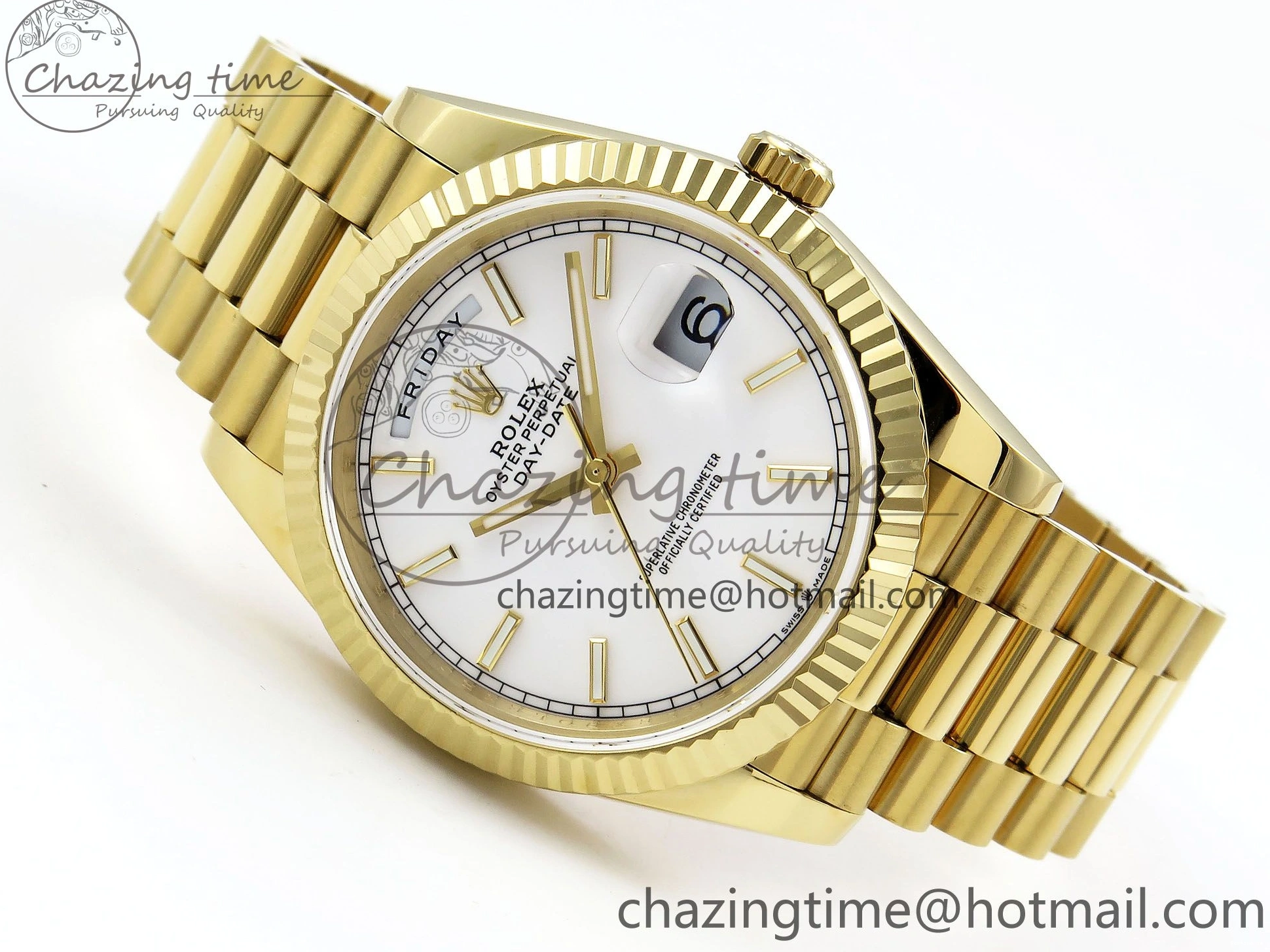 1224 Day Date 40 YG JDF 904L Steel White Stick Dial on President Bracelet VR3255 V3 (Gain Weight) Colorful 1373